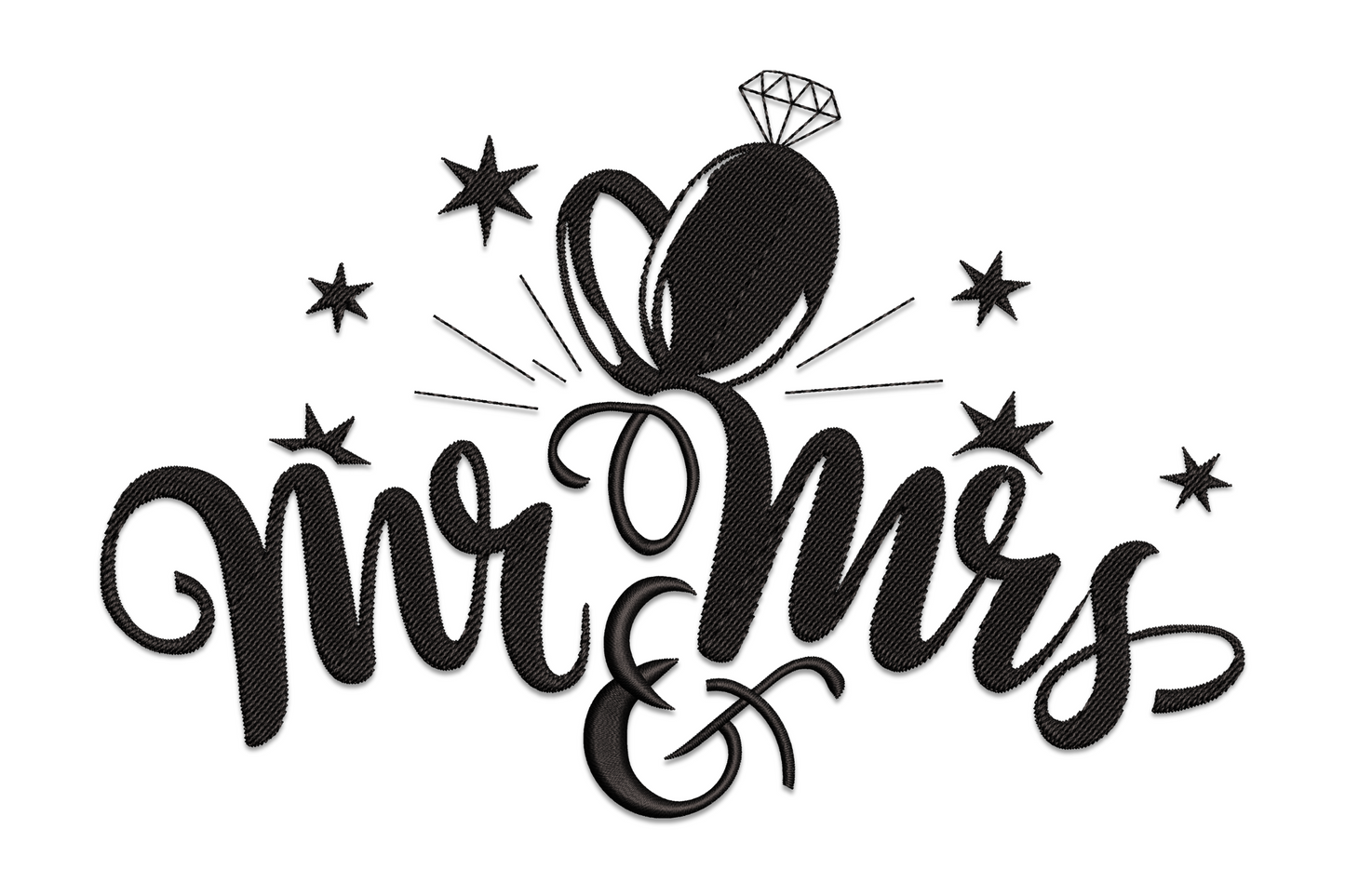 Mr and Mrs calligraphy script embroidery design with diamond ring and star accents, single black thread on white background.