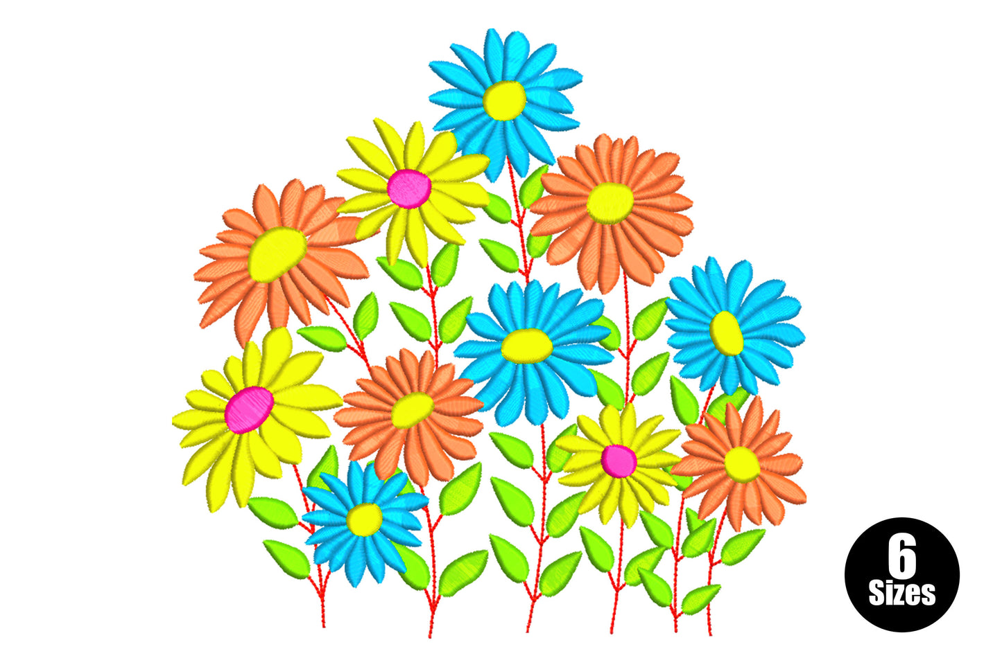 Multicolor floral flower bunch embroidery with sky blue, yellow and peach daisies on red stems with lime green leaf buds and hot pink centres.