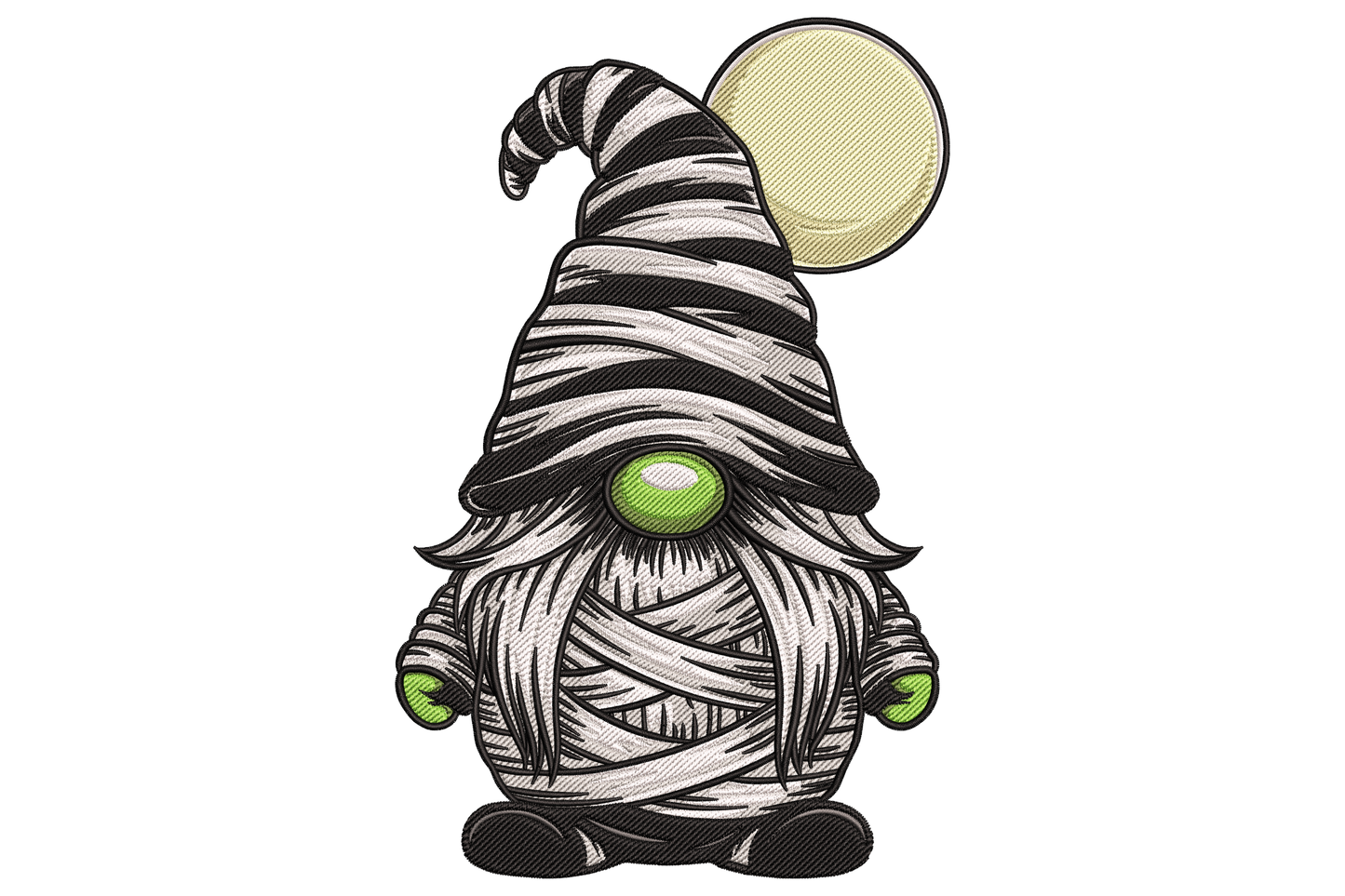 Whimsical halloween mummy gnome with tall pointed hat wrapped in bandage strips, single glowing eye, off-white and cream tones, elongated silhouette, spooky gnome machine embroidery design.