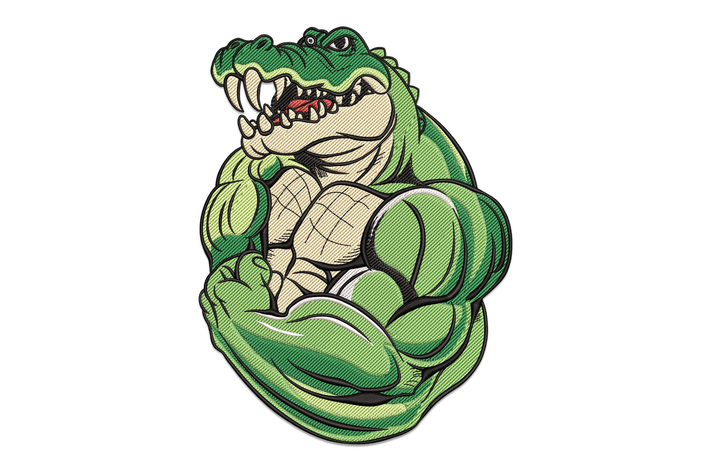 Muscular cartoon crocodile embroidery design, arms flexed wide in a bodybuilder pose with open snarling jaw, bright lime green scales and cream belly.