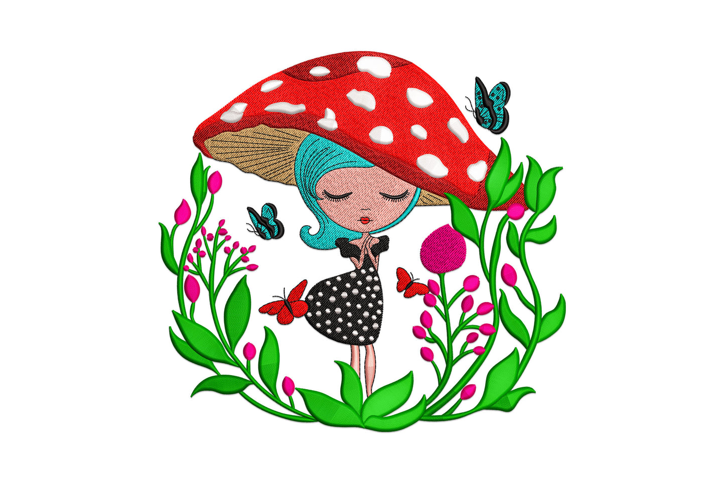 Mushroom girl embroidery with dreamy girl in red amanita hat, teal hair, botanical flower wreath and butterflies.