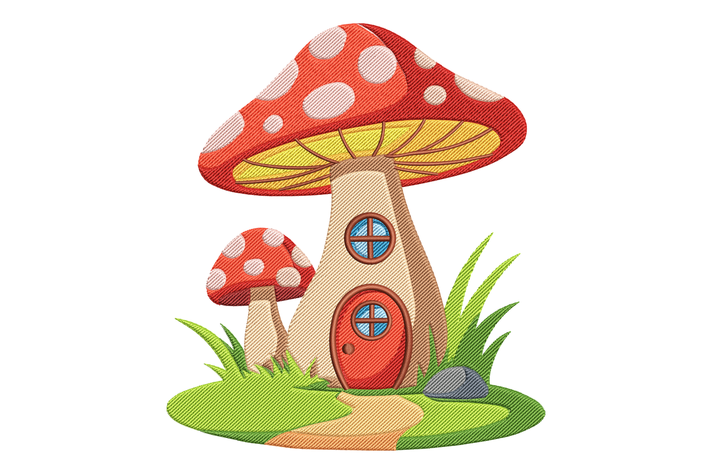 Mushroom-shaped house with a red door and white spots embroidery design