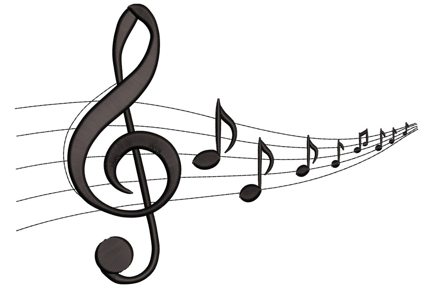 Music notes embroidery, bold treble clef with trailing eighth notes on a three-line staff, black thread on white.