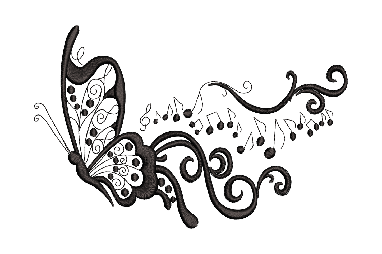 Filigree butterfly with scroll wings and musical notes staff embroidery, horizontal layout, single black thread.
