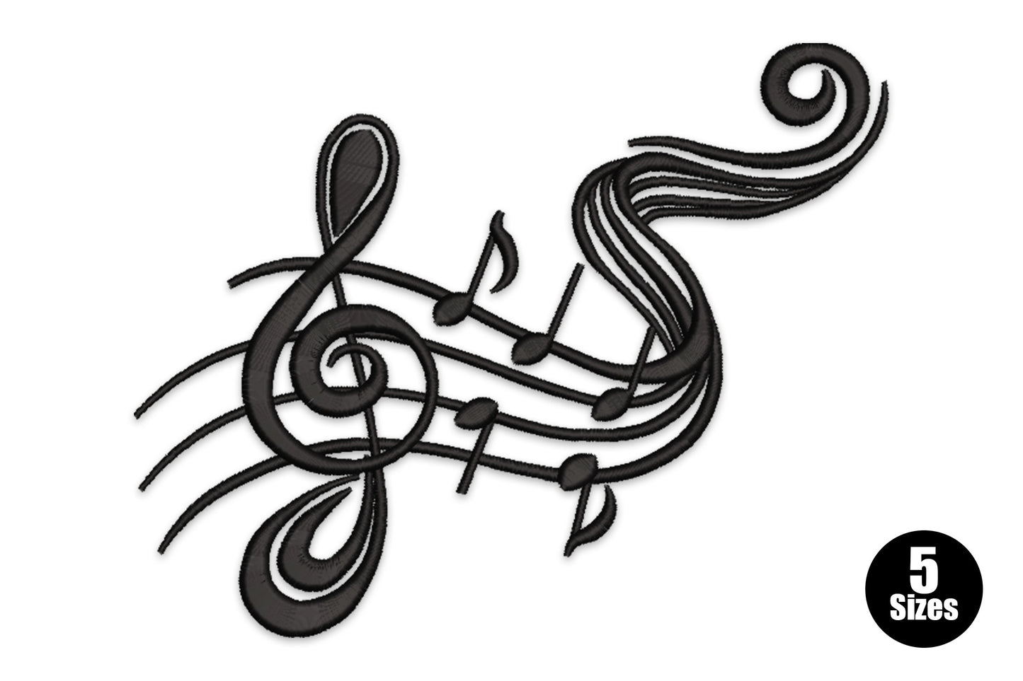 Musical notes treble clef embroidery design, large clef symbol with scattered notes in a vertical layout, single colour, 5 sizes.