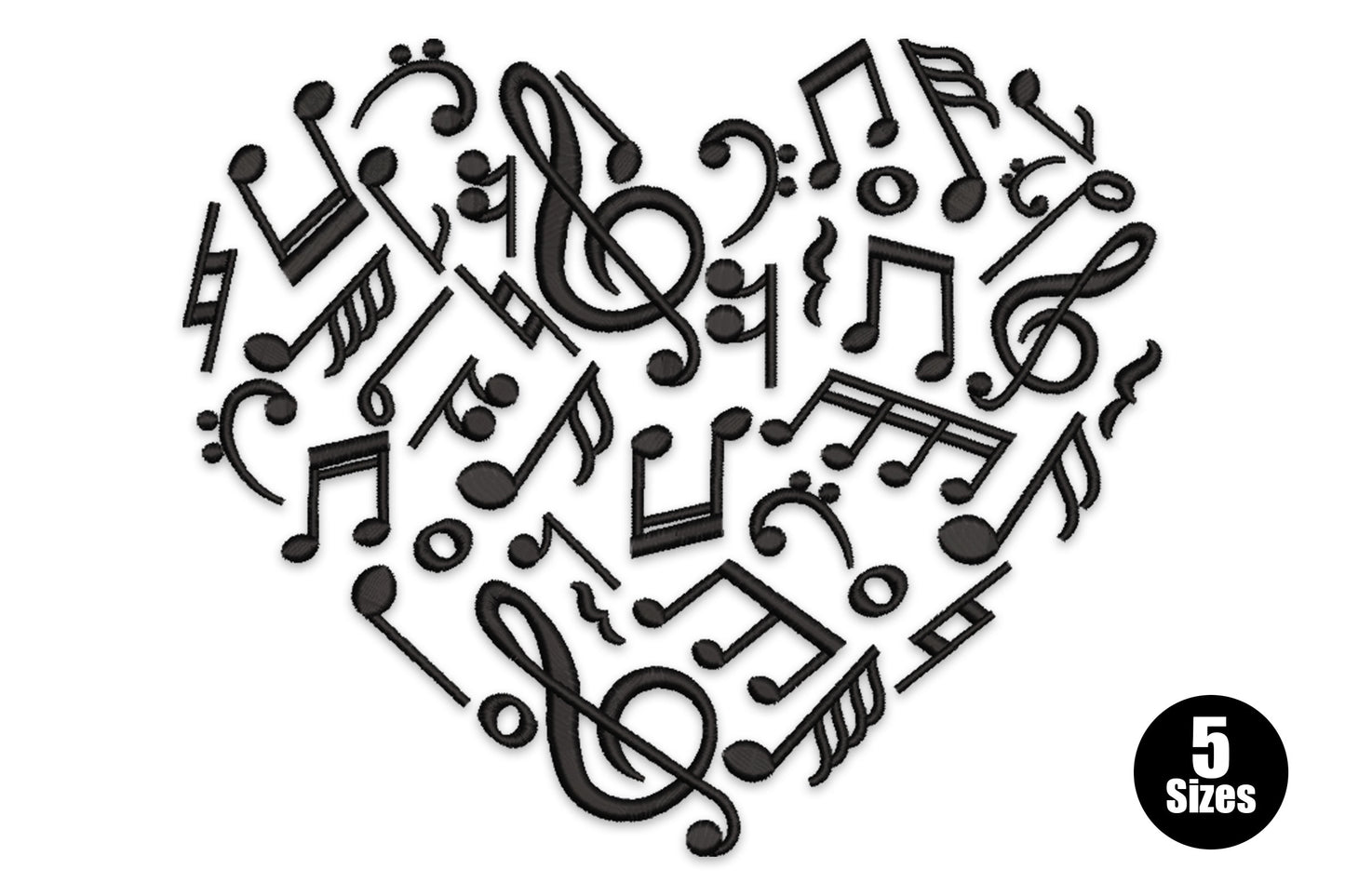 Heart-shaped embroidery design filled with musical notation symbols including treble clefs, eighth notes, quarter notes and bar lines in black line art.