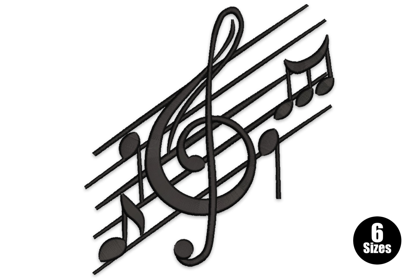 Treble clef embroidery design with five-line staff and music notes cluster in bold black thread, 6 sizes.