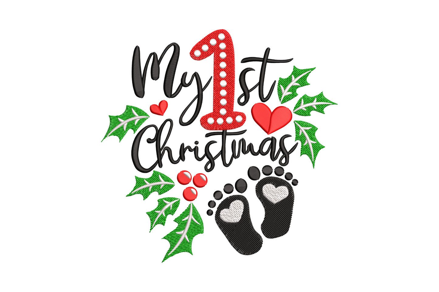 My 1st Christmas embroidery with chunky stacked lettering, small red stocking illustration and scattered star accents in red, white, forest green and soft gold.
