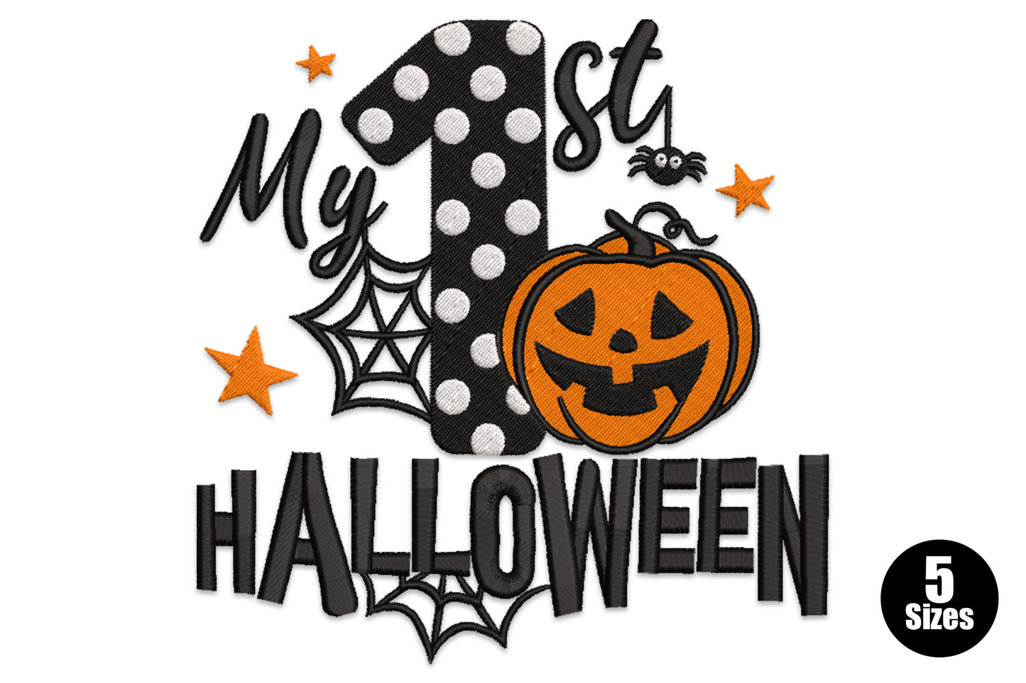 My 1st Halloween baby embroidery, polka-dot number 1 with orange jack-o-lantern pumpkin and spider, 5 sizes