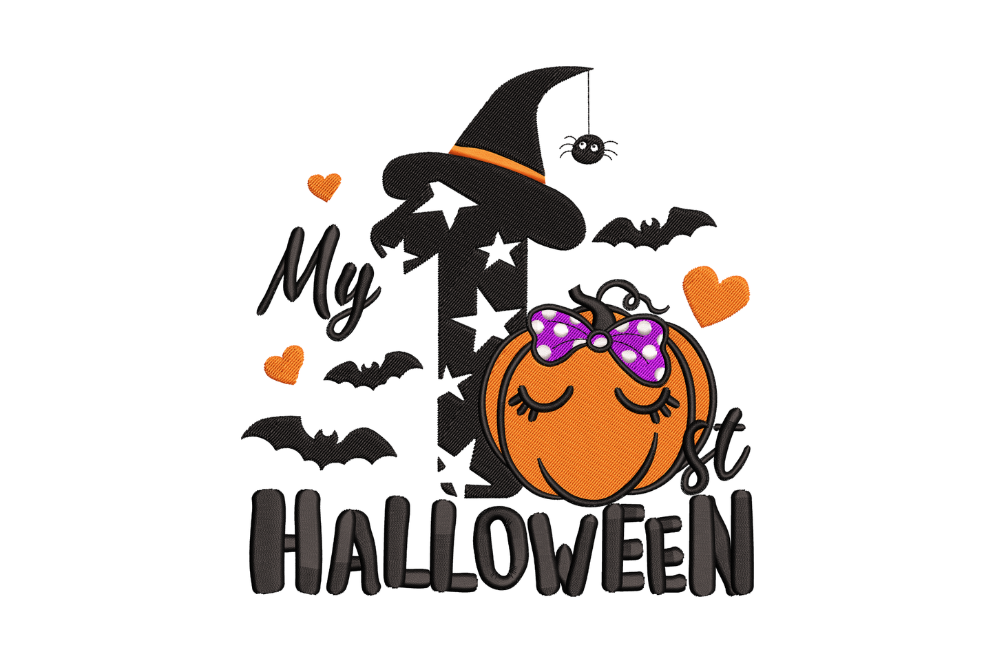 My 1st halloween pumpkin embroidery, cute orange pumpkin with purple bow, witch hat, bats and hearts, 4 sizes.