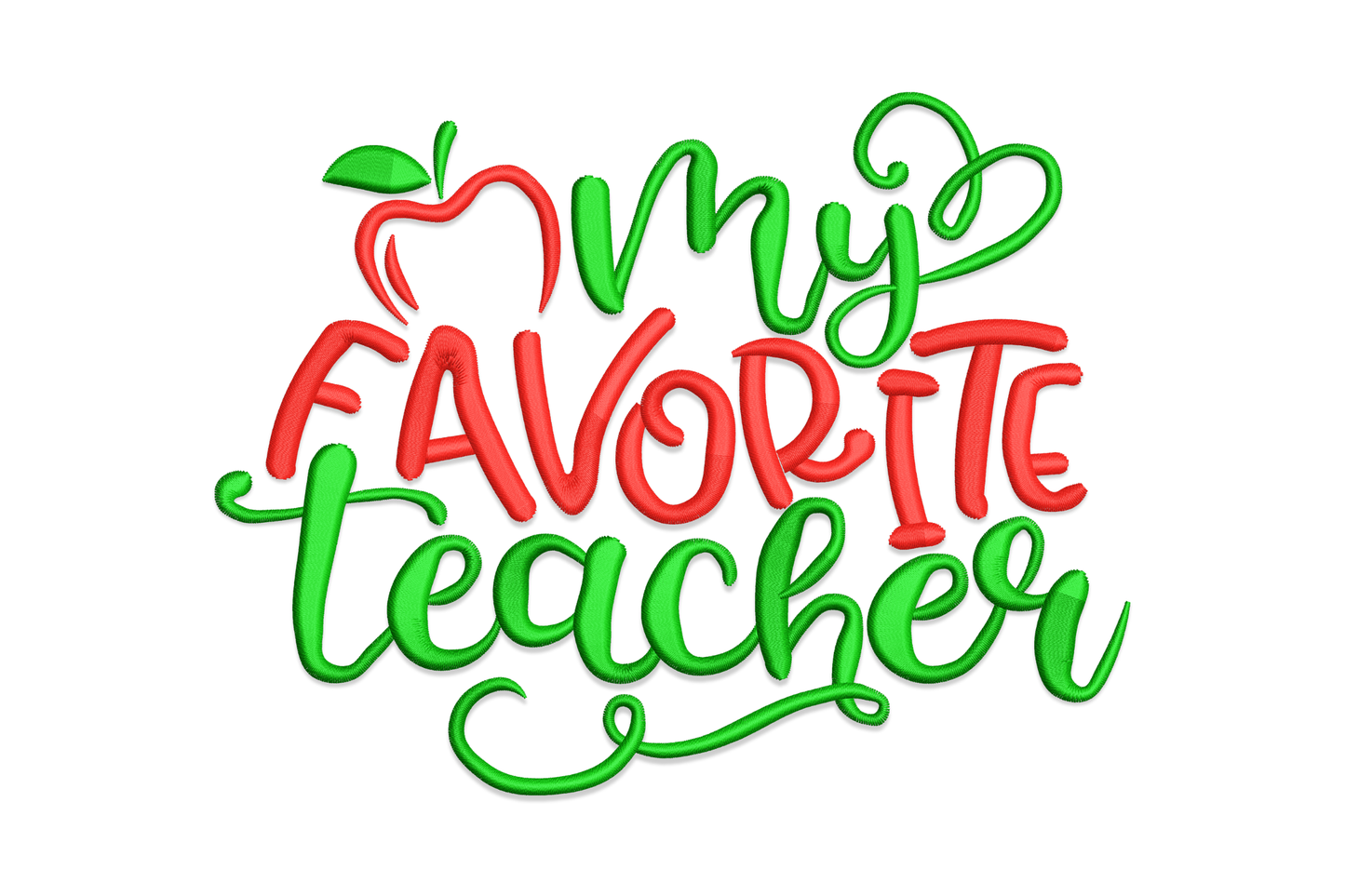 My Favorite Teacher machine embroidery design with apple motif, mixed print and script lettering, 2 colours, 5 sizes from 2.32 to 5.39 inches