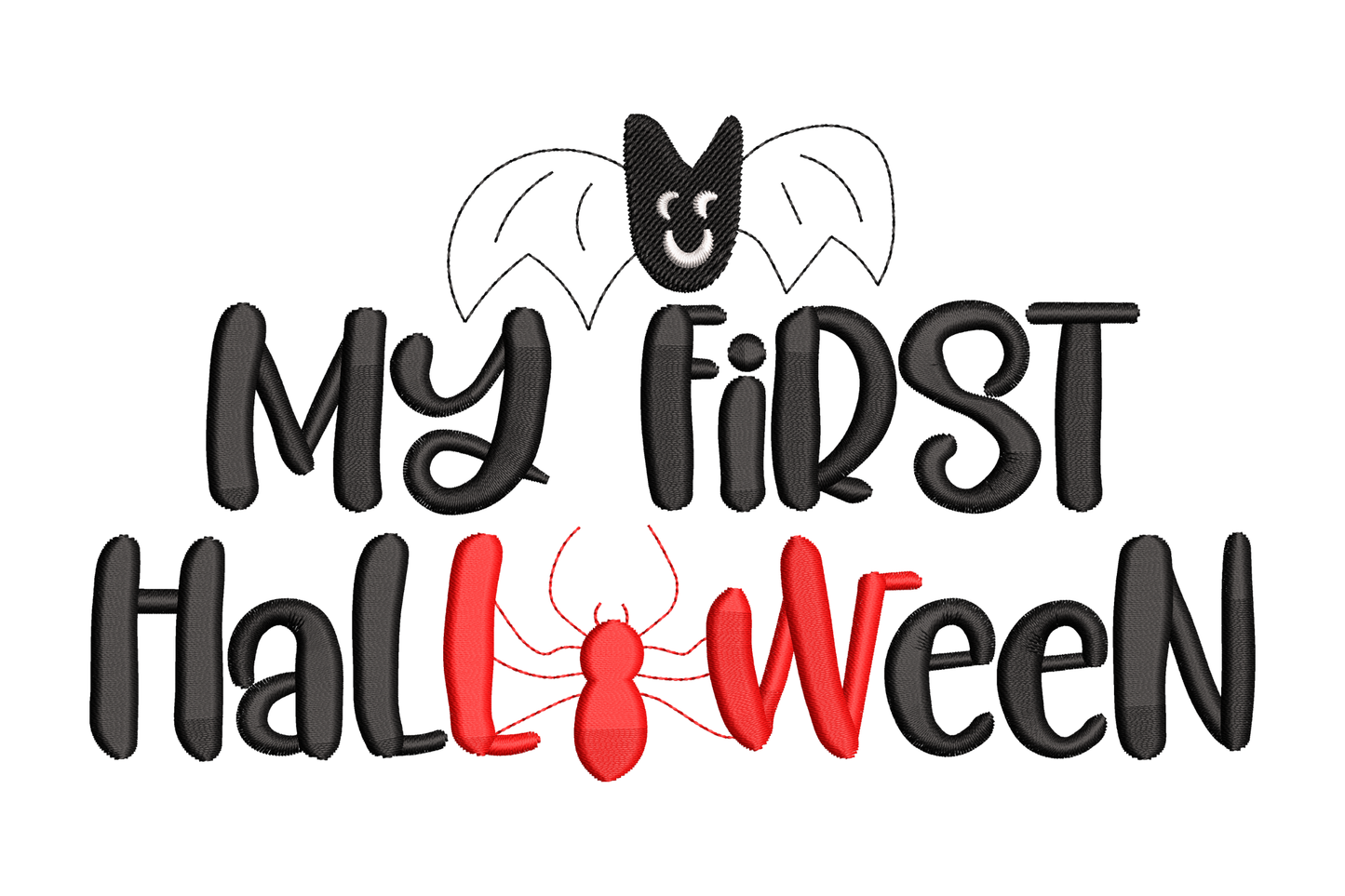 My First Halloween baby embroidery in mixed-case spooky black lettering with open-wing bat and red spider replacing the letter O.