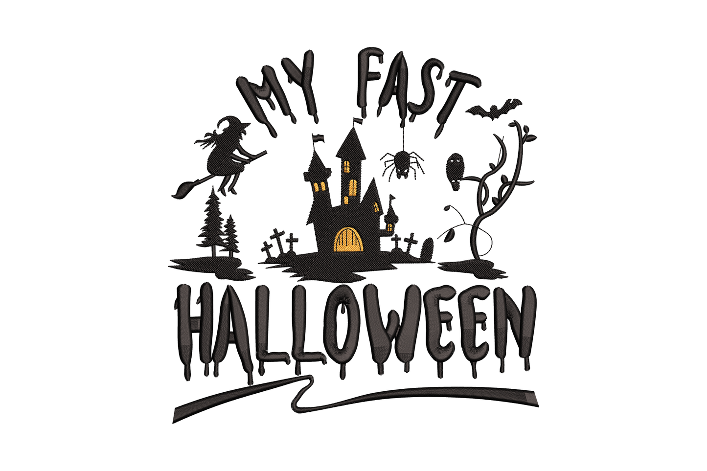 My first halloween machine embroidery design with rounded playful script and pumpkin accent, baby halloween theme, 2 colours, 5 sizes from 3.51 to 7.51 inches wide