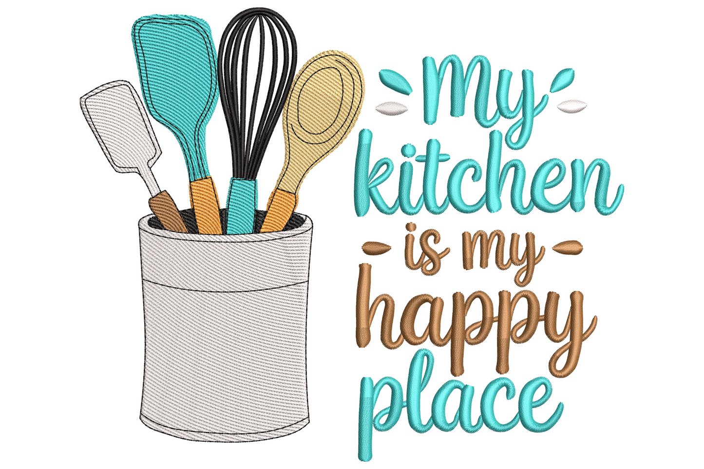 Stacked kitchen quote embroidery design with terracotta cursive, charcoal block caps and small whisk, rolling pin, herb sprig and coffee mug icons.