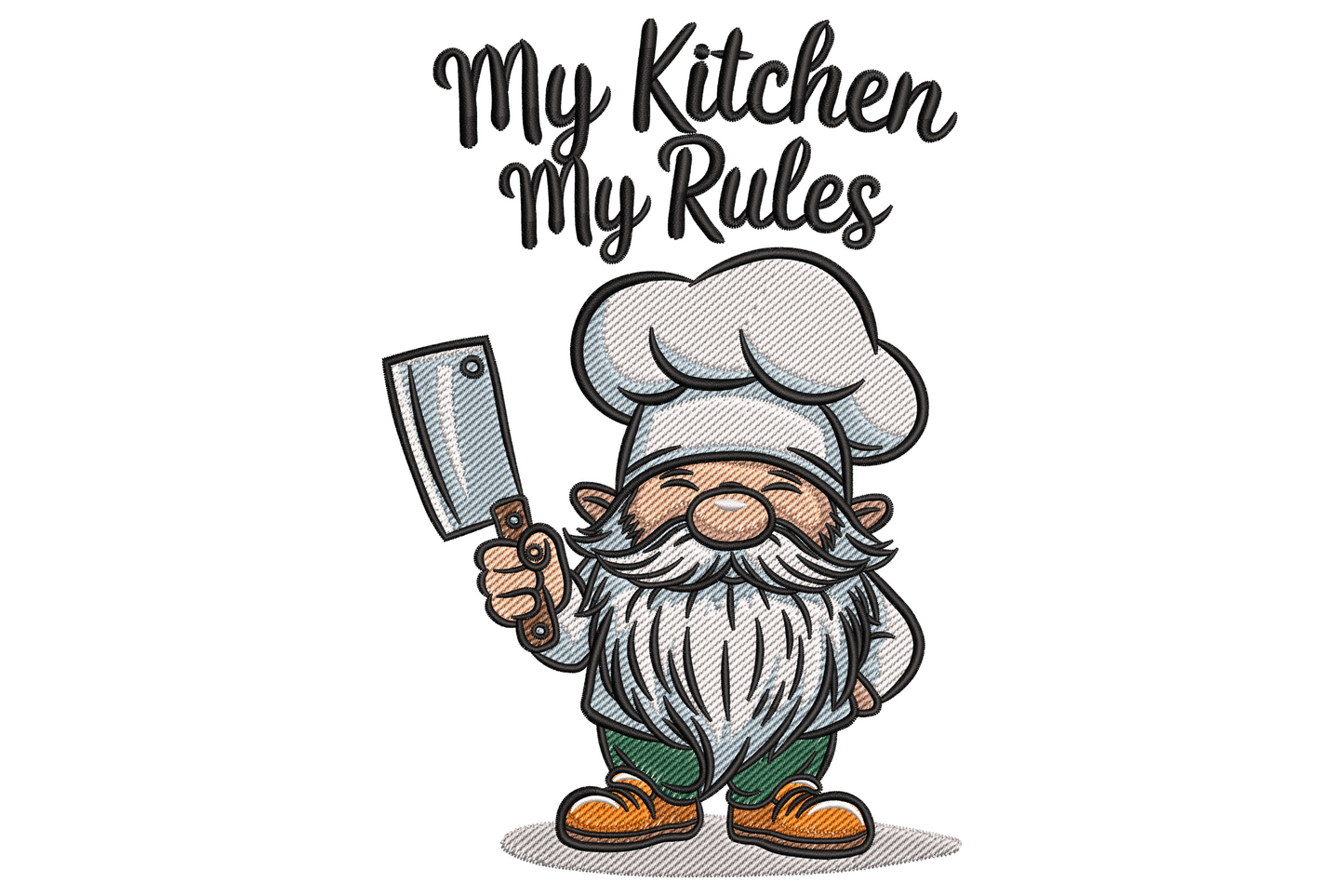 Chef gnome with white hat and long beard, holding a silver cleaver, with My Kitchen My Rules cursive script above.