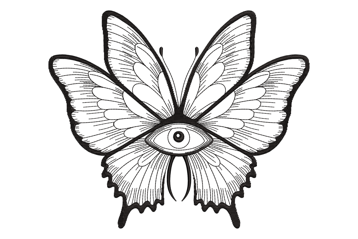 Mystical butterfly embroidery design with all-seeing eye at center, fine black tattoo-style linework on white, 9 sizes.