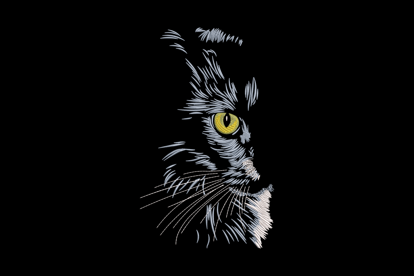 Mystical cat half face embroidery design with blue-grey fur, directional whisker strokes, and glowing olive-gold eye