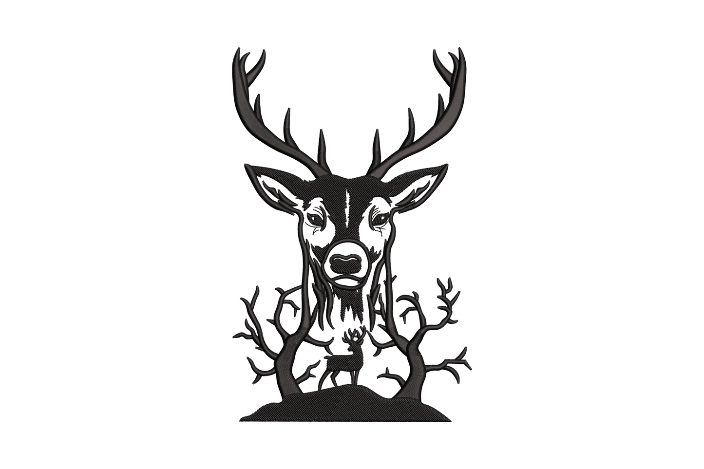 Black silhouette embroidery of a stag head with wide antlers rising from gnarled bare tree roots, mystical woodland wildlife design on white background