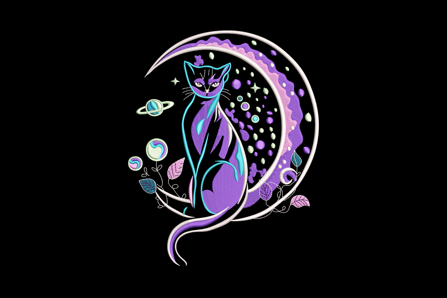 Mystical moon cat embroidery design with a cyan cat silhouette inside a purple cosmic circle filled with planets, stars, and feather details.
