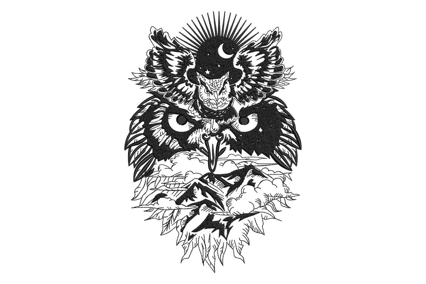 Mystical night owl embroidery design, face-forward owl with spread wings crescent moon and stars, solid black 1 color, 5 sizes up to 7.5 inches