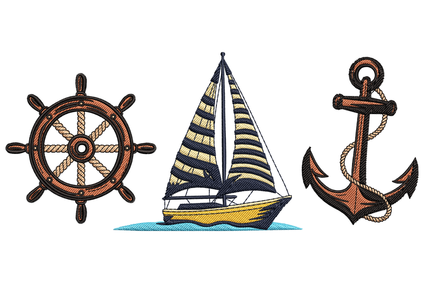 Nautical embroidery set with ship wheel, striped sailboat and rope anchor in navy brown and gold