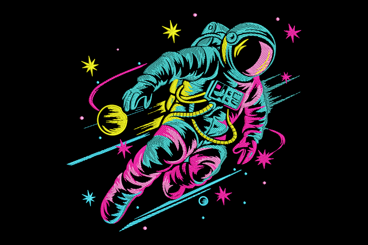 Neon astronaut floating in space embroidery design, dark navy background with electric cyan and magenta suit highlights and yellow star accents