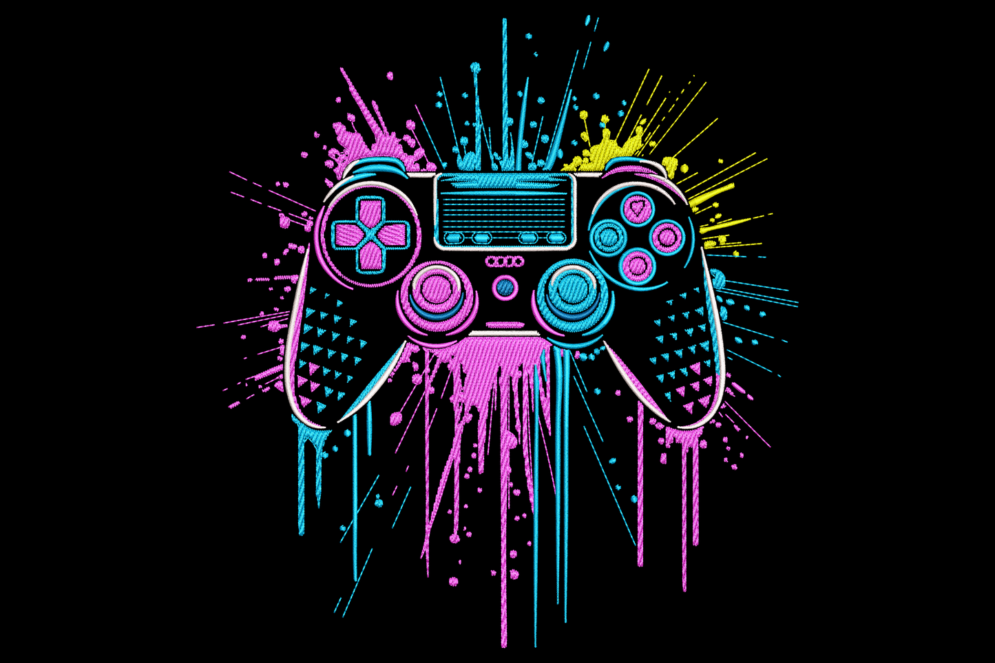 Neon game controller embroidery design with hot pink, cyan and yellow paint splatter rays bursting from a gamepad outline.