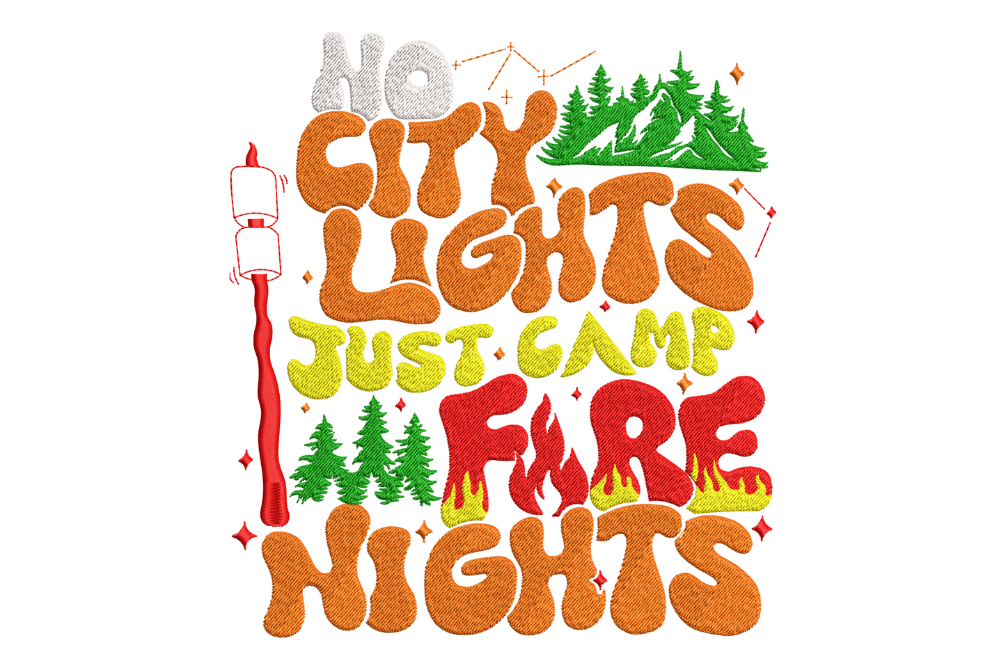 No City Lights Just Camp Fire Nights embroidery badge with campfire, pine trees and arched lettering in navy and orange.