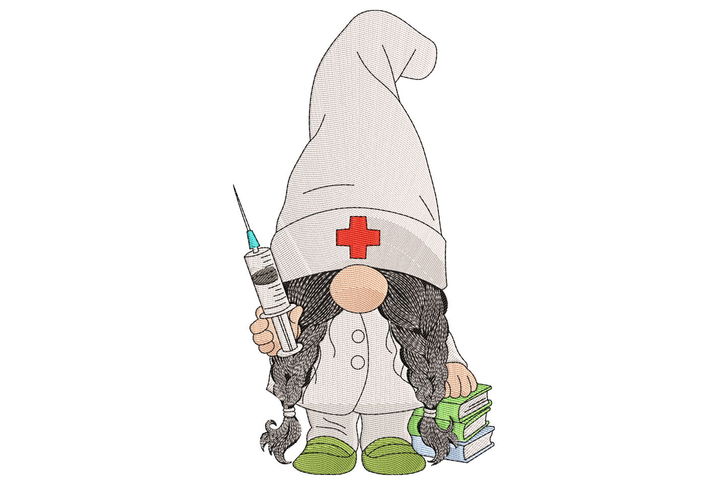 Nurse gnome embroidery design showing a whimsical gnome in a white nurse coat and tall pointed grey hat with red cross, holding a syringe and stack of green books with grey braids and green shoes.