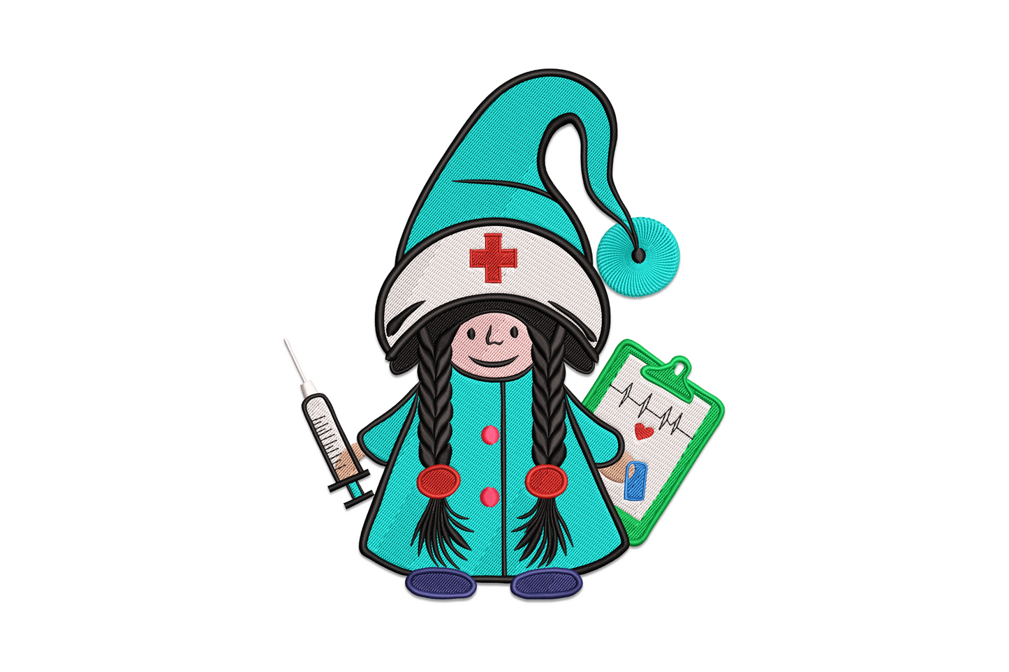 Nurse gnome embroidery design in teal scrubs with red cross hat badge, clipboard and syringe, 10 colour machine embroidery design.