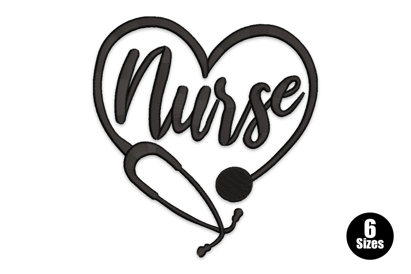 Nurse heart stethoscope embroidery design, tubing curved into a heart at the base, single colour, 6 sizes from 2 to 7 inches.