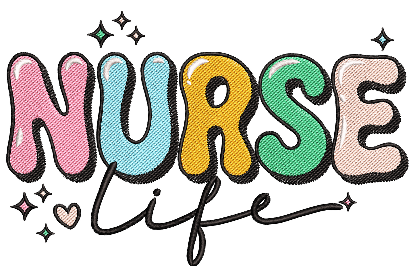 Nurse life embroidery with bold uppercase Nurse serif on top, flowing brush script Life below, sketch stethoscope curve looping around lettering, soft pink, dusty teal and red palette.