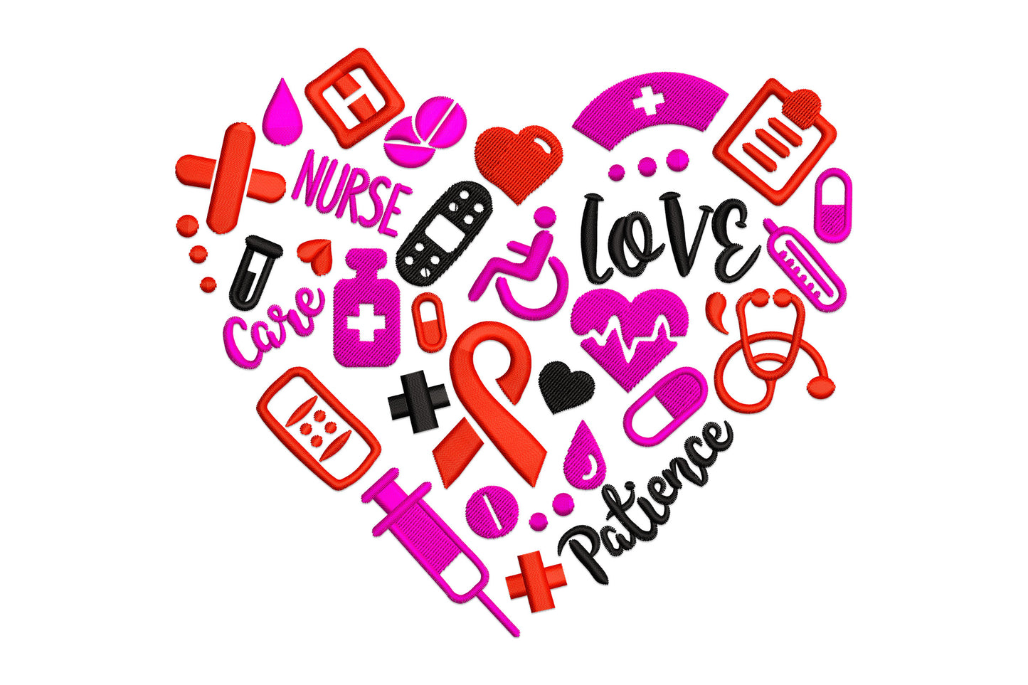Nurse life heart embroidery design packed with medical icons including syringe, stethoscope, pills and bandages in hot pink, red and black with the words NURSE, Care, love and Patience.