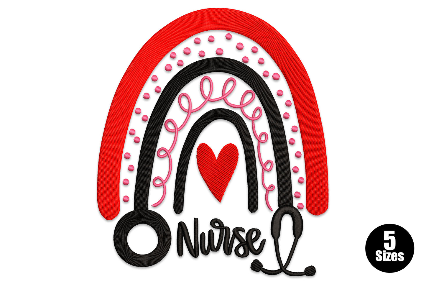 Nurse rainbow embroidery with red satin arch, pink dot ring, stethoscope loop and cursive Nurse script, 3 colours
