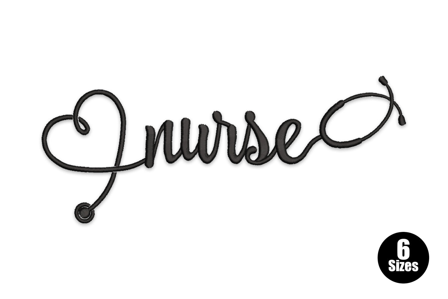 Nurse script cursive embroidery, open heart in the n stroke, stethoscope tail on the e, all black fine-line single colour.