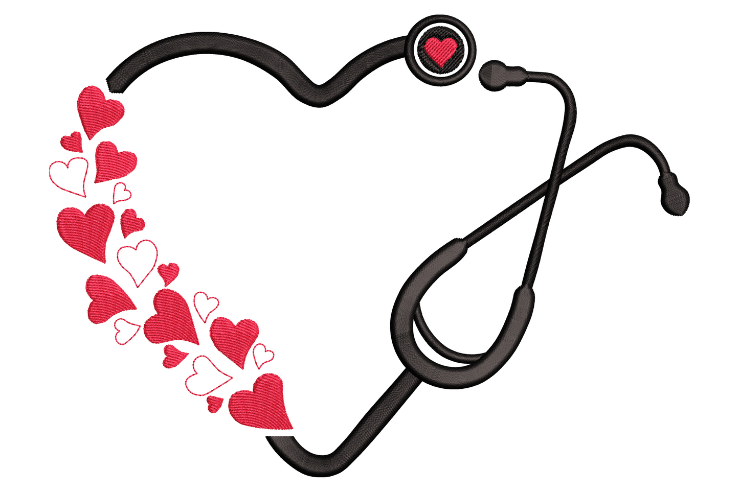 Stethoscope embroidery design folded into a heart shape with cascade of red hearts trailing off the left side in black satin.