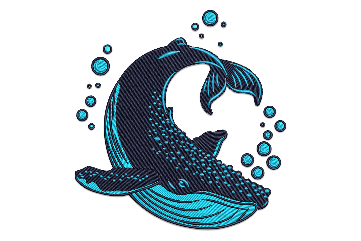 Ocean blue whale embroidery design with a humpback curled in a circular arc, deep navy body, cyan belly dot spots and floating bubble outlines.