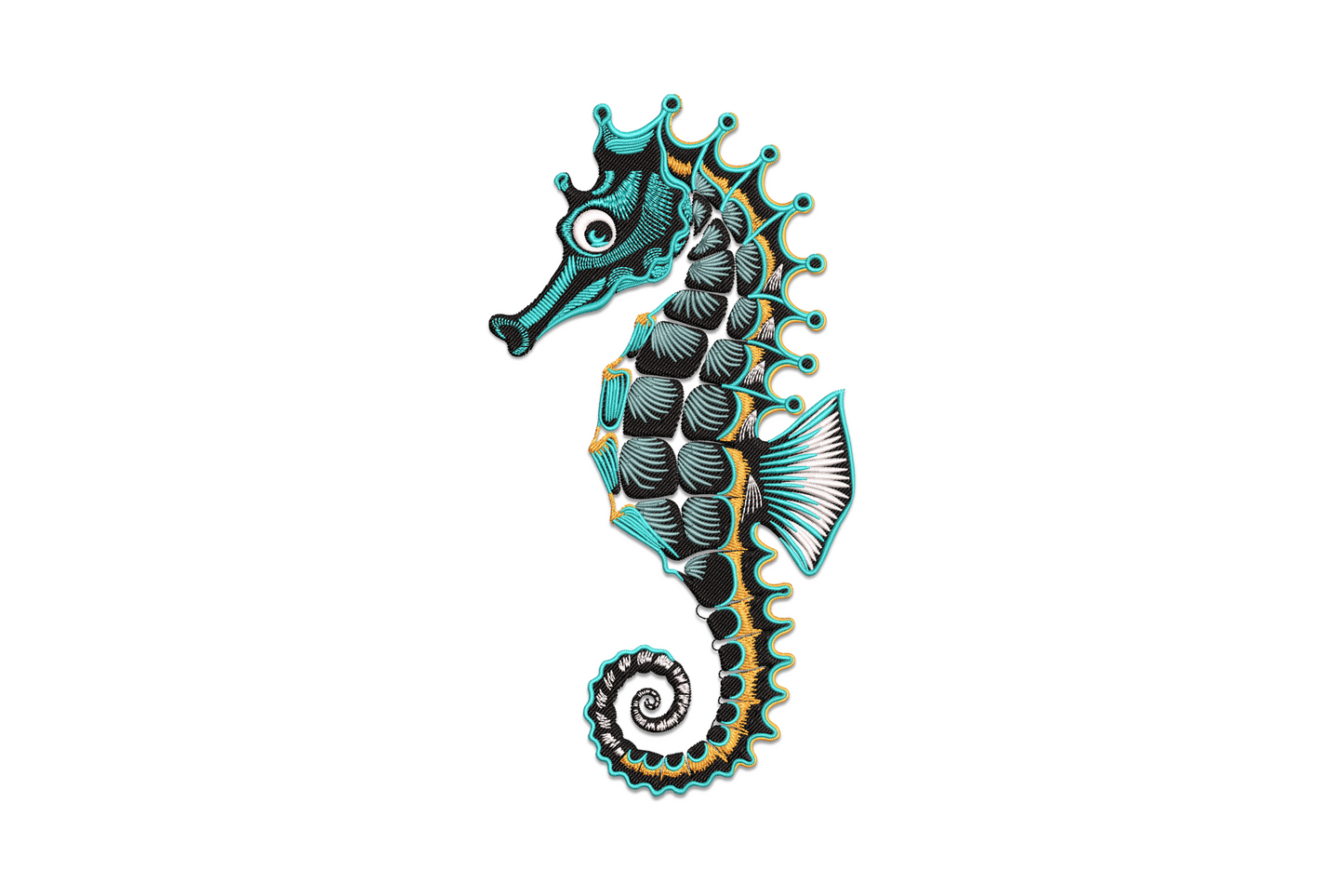 Detailed seahorse with curled spiraling tail, articulated body plates, dorsal fin and orange crown ridge in aqua teal black and orange thread