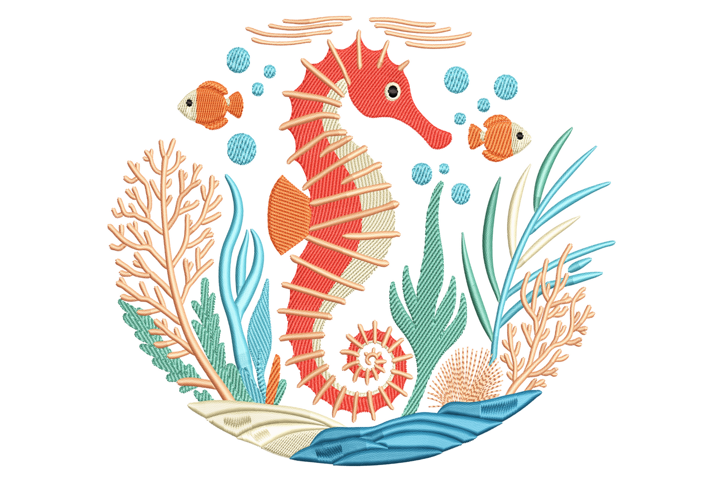 Seahorse embroidery design, circular coral reef scene with teal seaweed, clownfish and blue bubbles in 8 thread colors