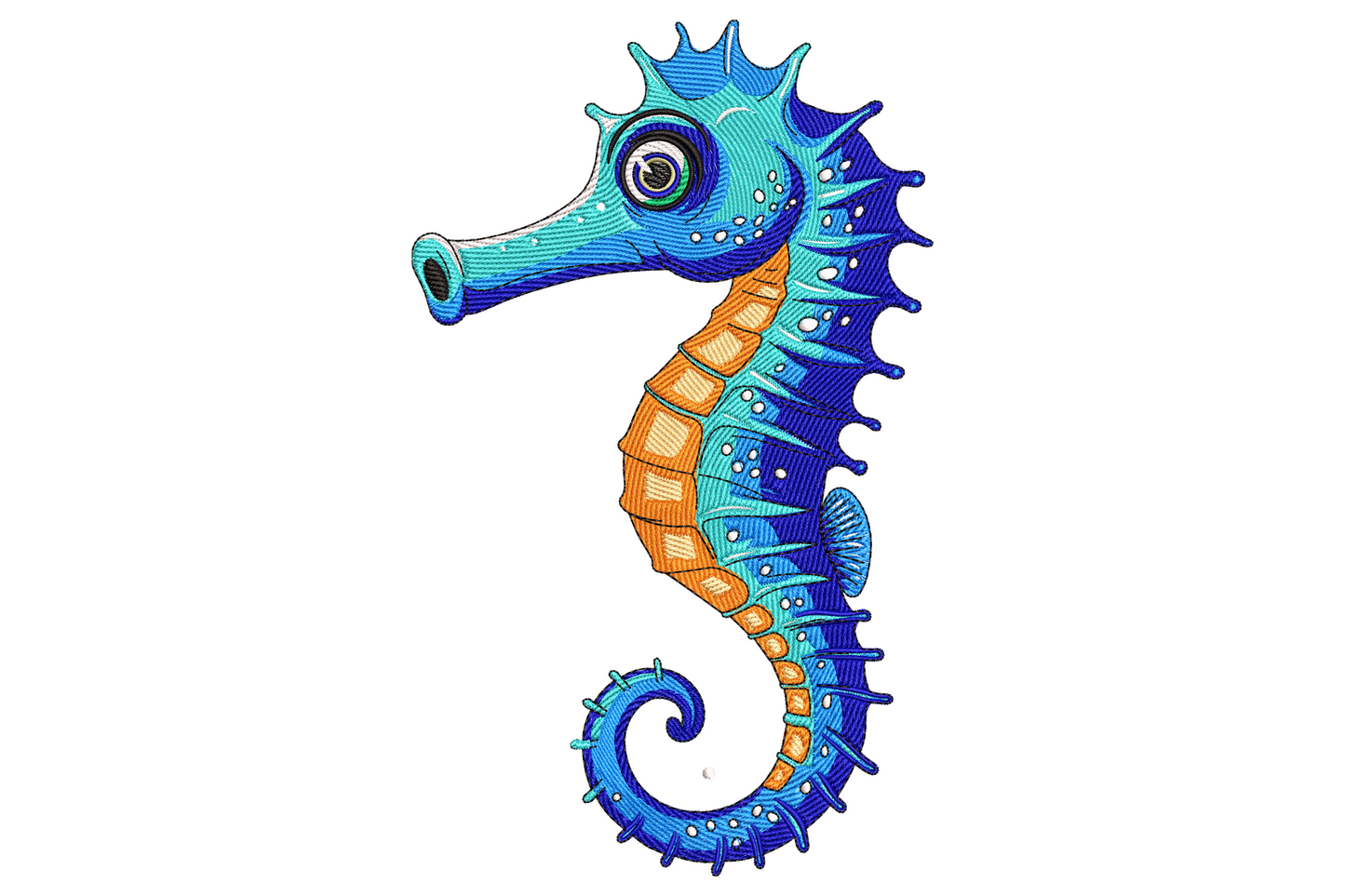 Ocean seahorse machine embroidery design on aqua canvas, tangerine orange seahorse with sky blue water and sage seaweed