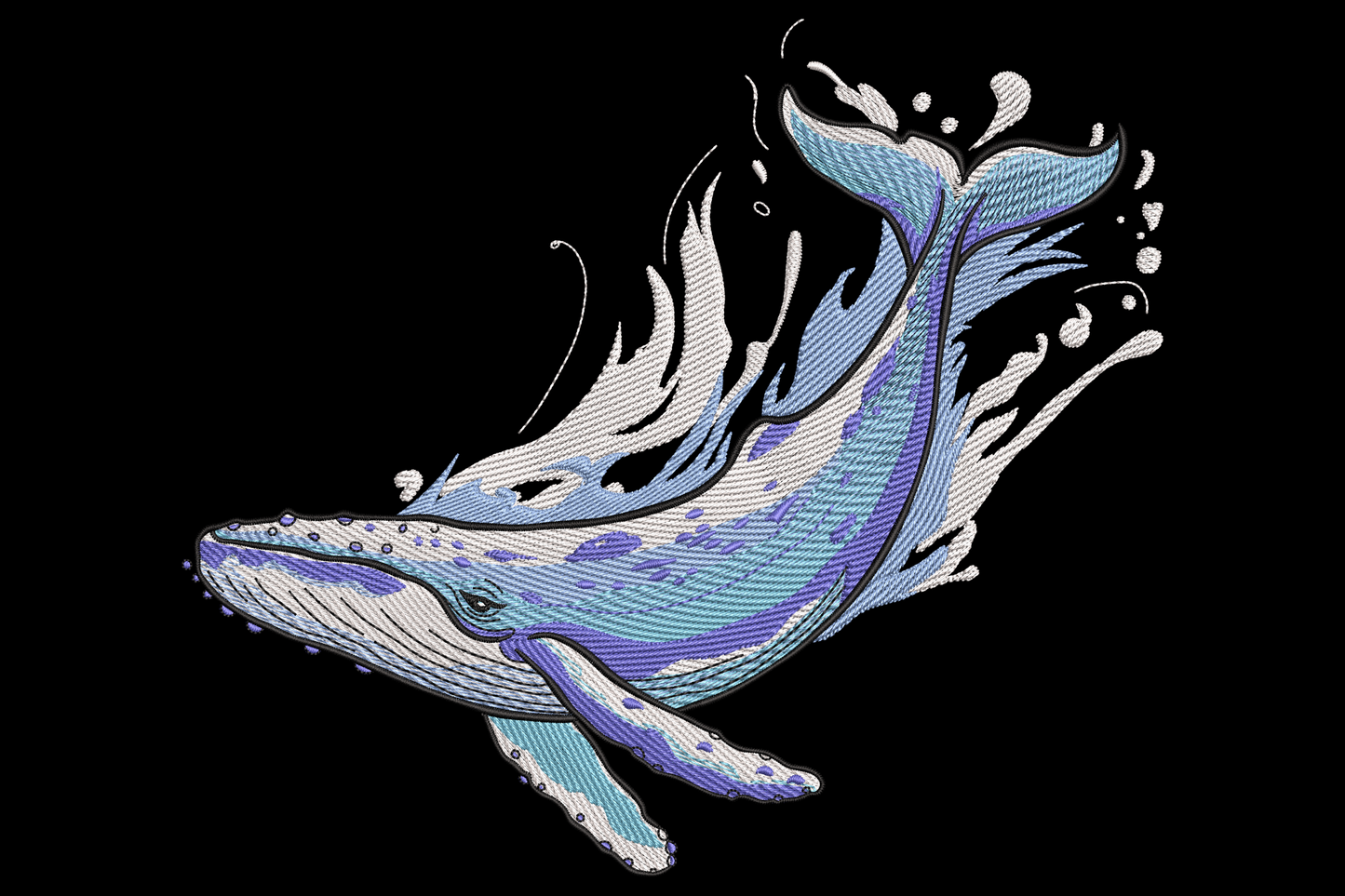 Ocean splash whale embroidery design with breaching whale and water splash, 5 colours, nautical style on white background
