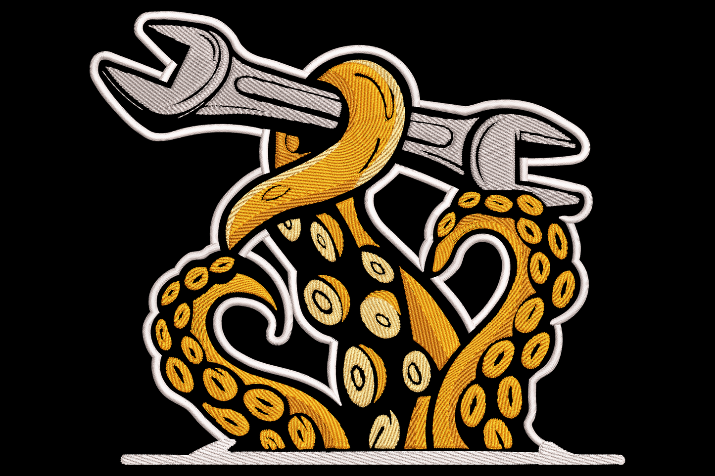 Octopus mechanic embroidery design with coiled golden tentacles gripping a silver wrench, bold tattoo style on black background.