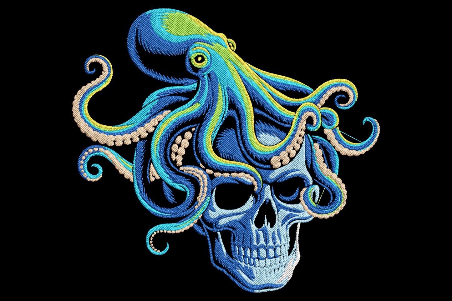 Octopus skull embroidery design, cobalt blue and yellow octopus draped over a bone white human skull on black background.