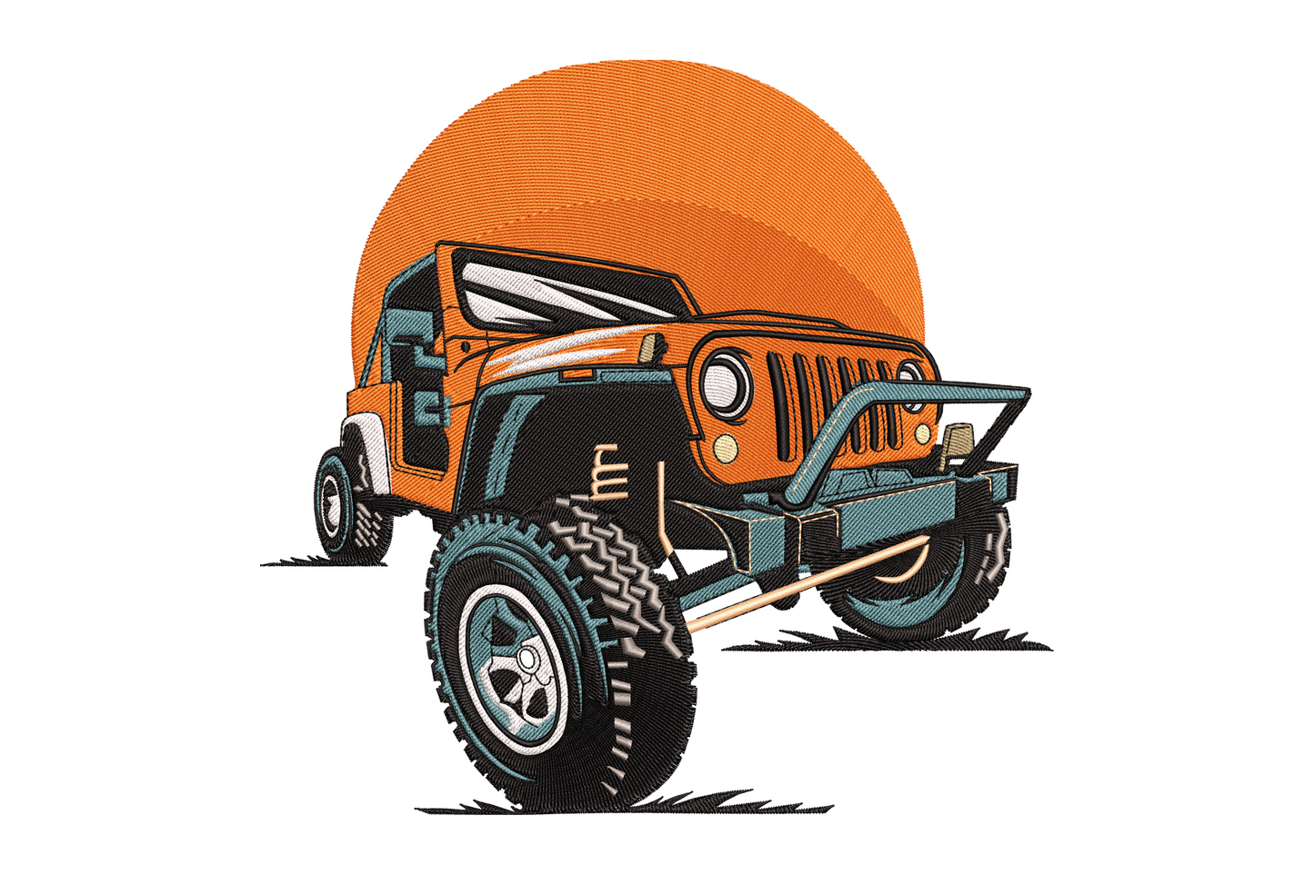 Off-road Jeep embroidery, orange body with sun disc backdrop, teal-grey panels, chunky black tyre tread