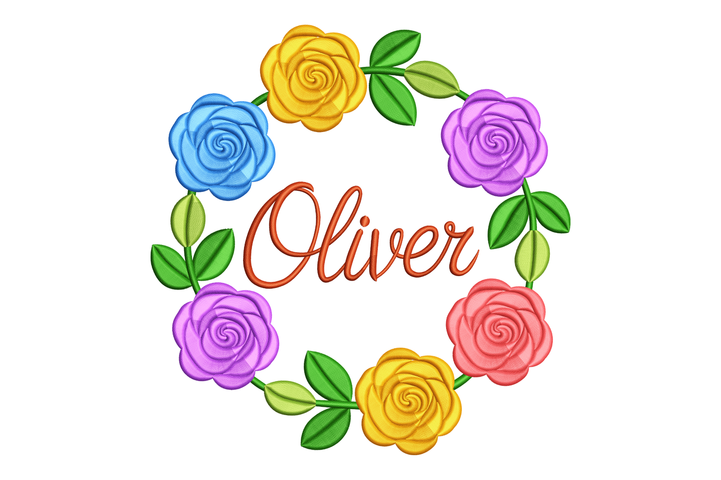 Colorful flower wreath with the name 'Oliver' in the center on a white background