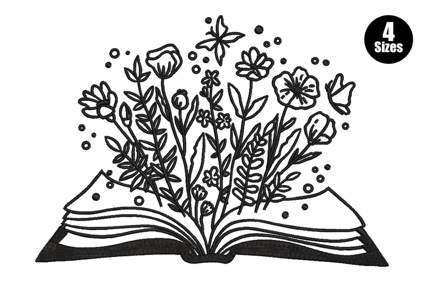 Open book blooming with wildflowers embroidery design showing a hardcover book with poppies, cosmos, ferns and daisy outlines growing from the spine.