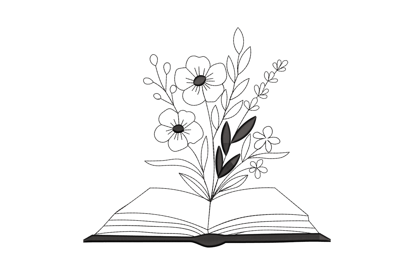 Open book with sparse poppy floral branch, minimal single colour machine embroidery design, 6 sizes up to 6.7 inches