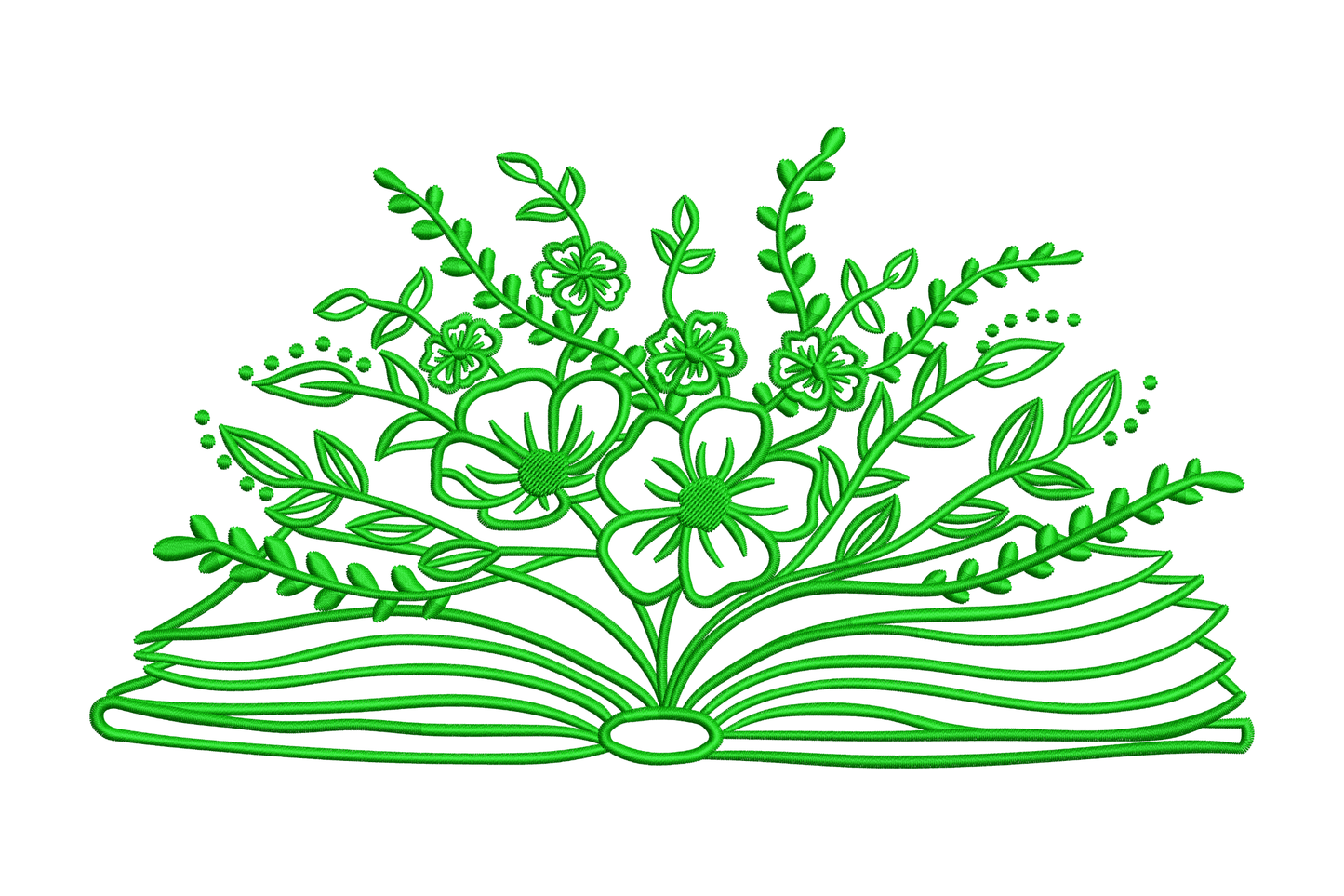 Open book floral bouquet embroidery in single dark green satin fill, dense botanical design with wildflower bouquet rising from open hardback book spine, portrait format.