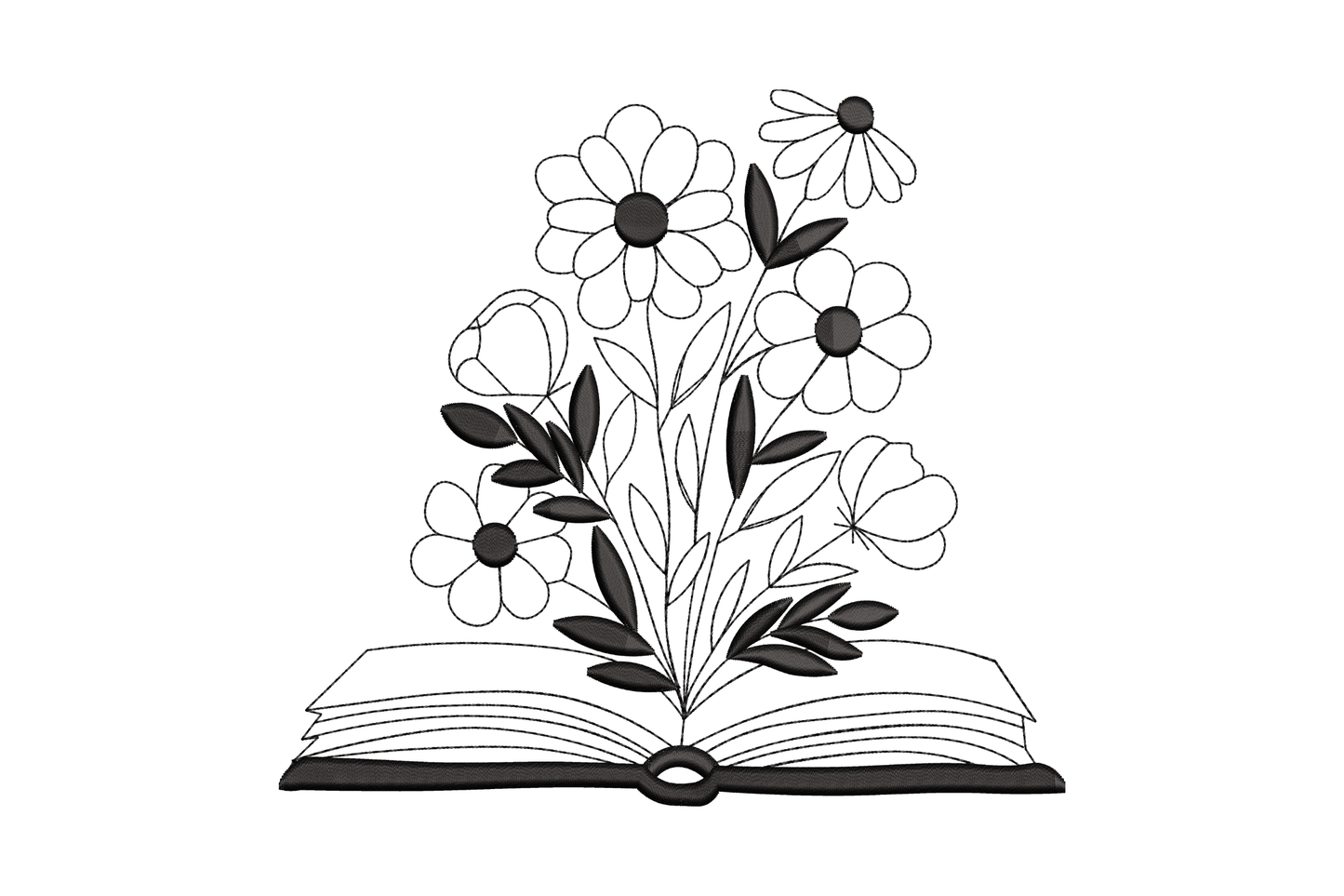Open book with wildflower daisies and dark leaf clusters, single colour machine embroidery design, 5 sizes up to 5.9 inches