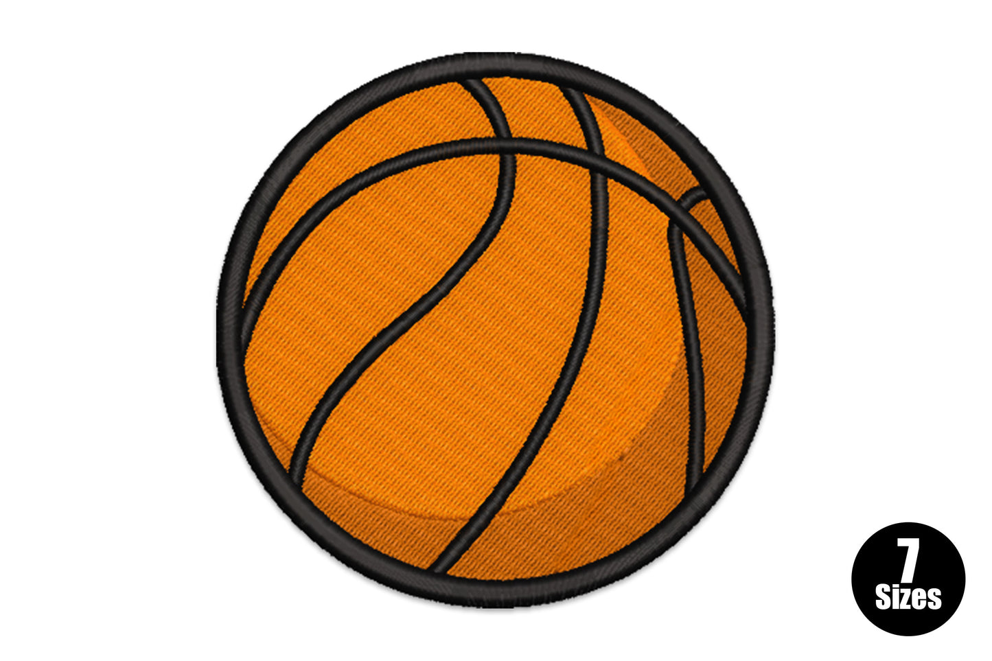 Classic orange basketball with black outline embroidery, 3 colour sports design in 7 sizes for kids gear and sports bags